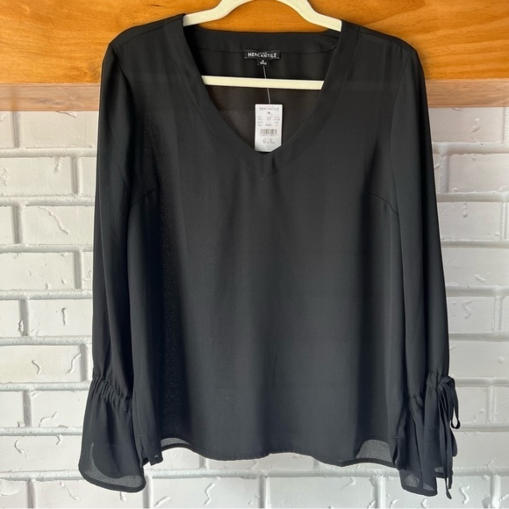J. Crew Mercantile V-Neck Long Sleeve Sheer Blouse Tie Bell Sleeves, Black 8 NWT